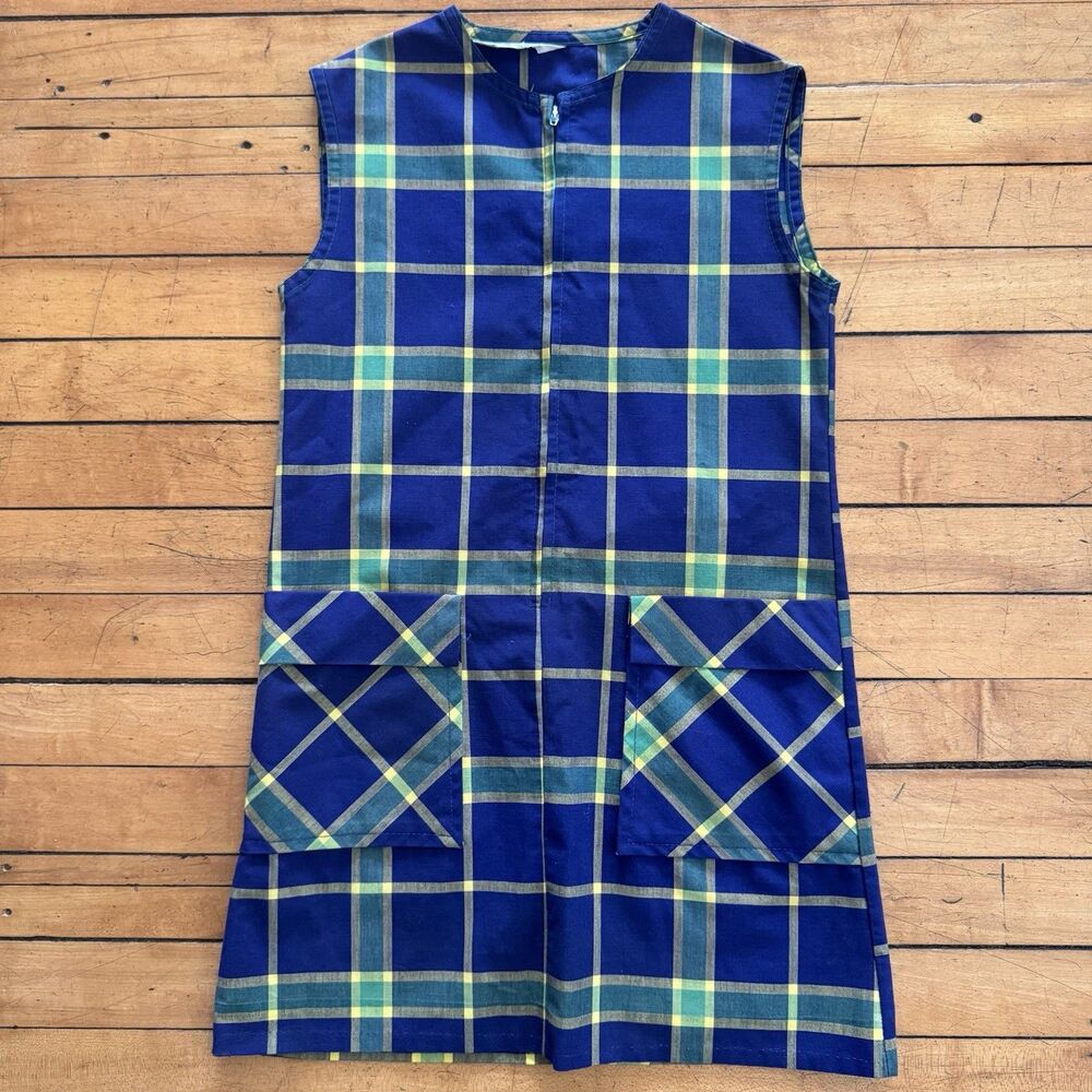 Vtg Sears Plaid Jumper Dress Girls 8 Blue Green Preppy Dark Acadamia 70s Pockets